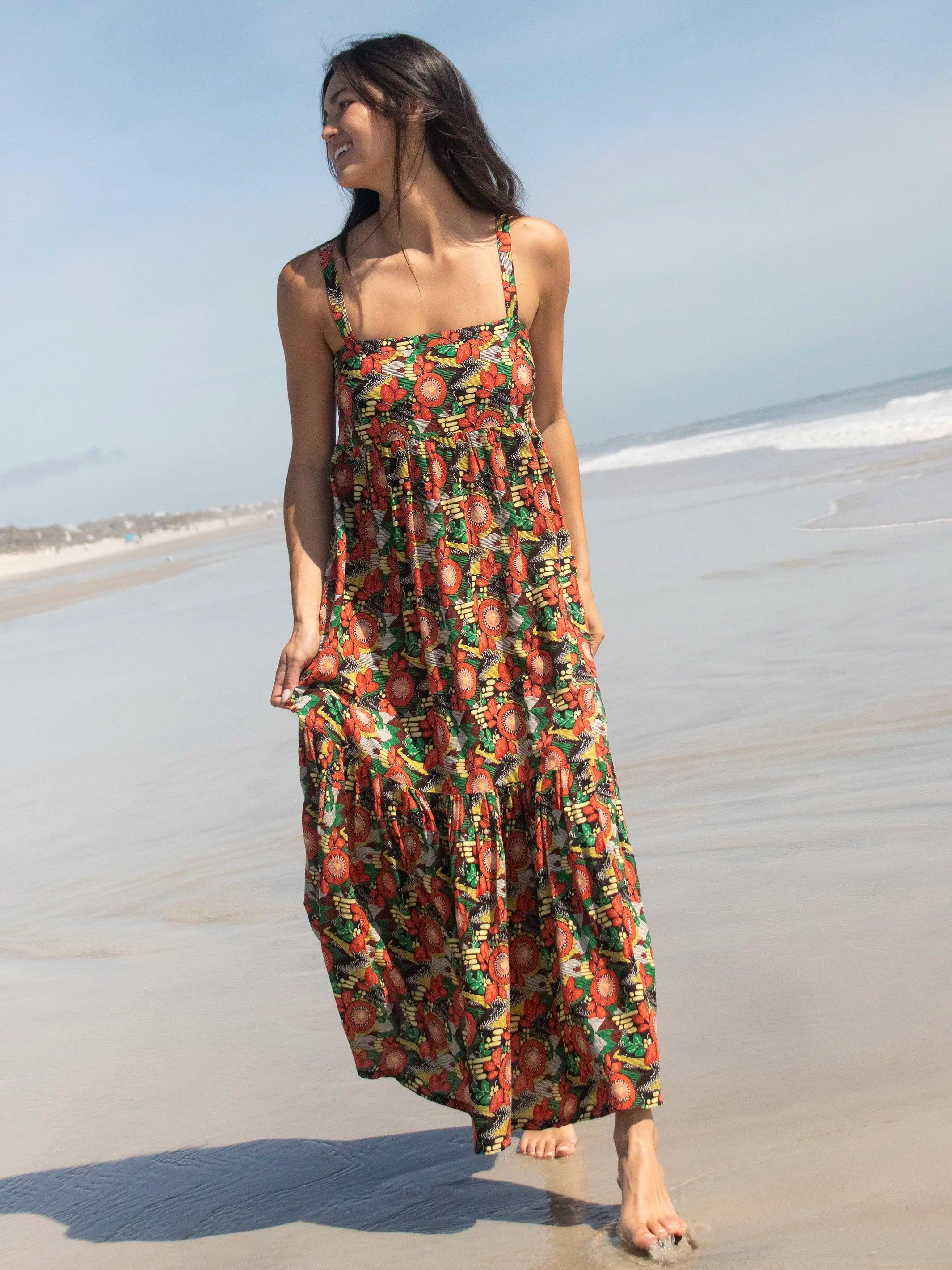 Mia Tie-Back Maxi Dress - Orange Floral Blooms Product Image