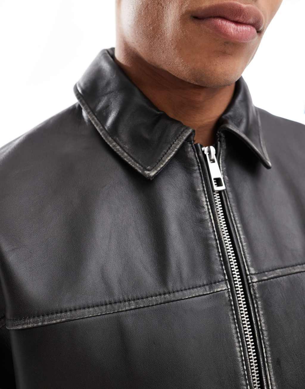 ASOS DESIGN premium real leather oversized harrington jacket in black Product Image