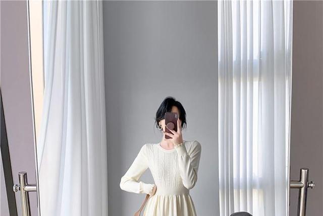 Long-Sleeve Crew Neck Plain Cable-Knit Midi A-Line Dress Product Image