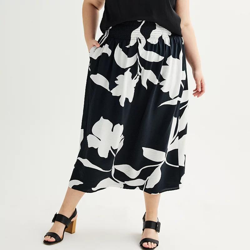 Plus Size Nine West Smocked Waist Midi Skirt, Womens Product Image