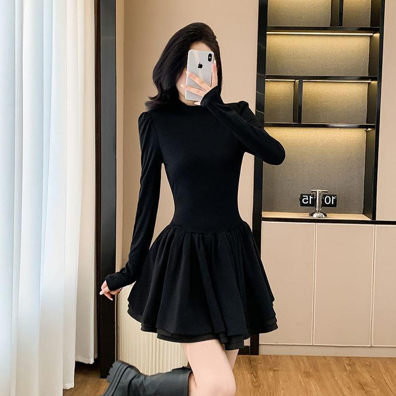 Long-Sleeve Plain Mini A-Line Dress Product Image