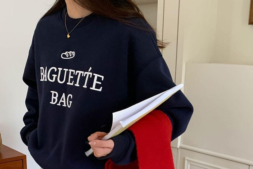 Round Neck Lettering Embroidered Fleece-Lined Sweatshirt Product Image