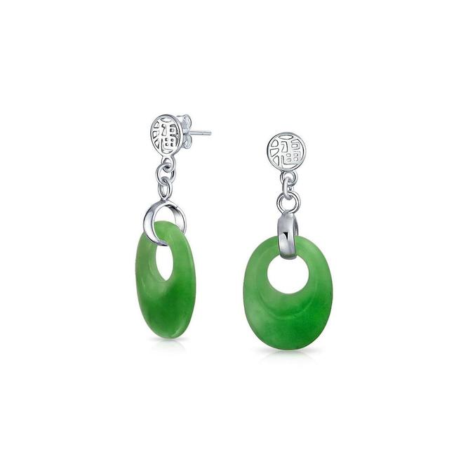 Bling Jewelry Dyed Green Natural Jade Asian Style Chinese Good Fortune Cut Out Circle Round Dangle Earrings For Women Sterling Silver Product Image