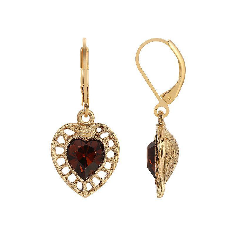 1928 Gold Tone Filigree Color Stone Heart Drop Earrings, Womens, Brown Product Image