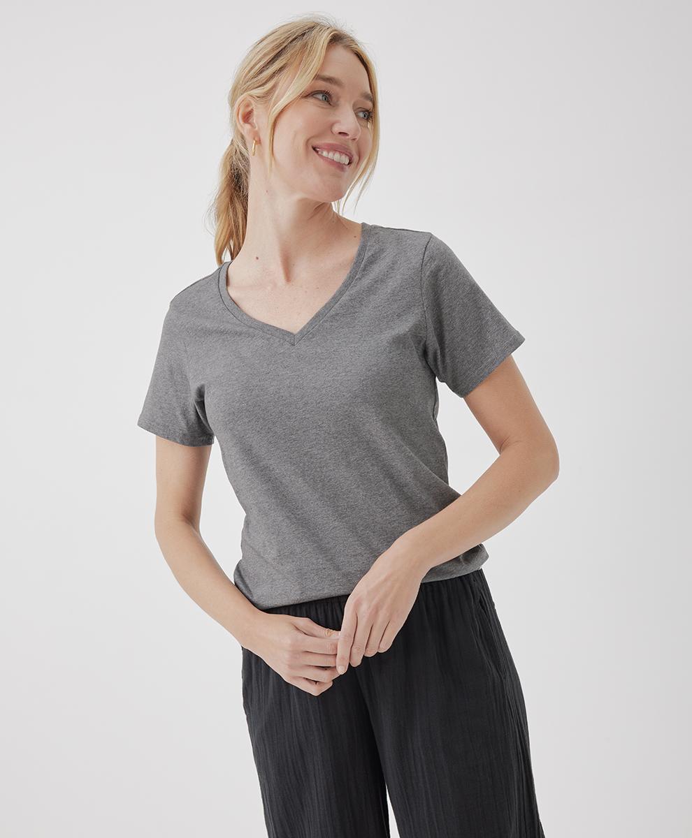 PACT Organic Cotton Midweight V-Neck Tee (Medium Grey Heather) Women's Clothing Product Image