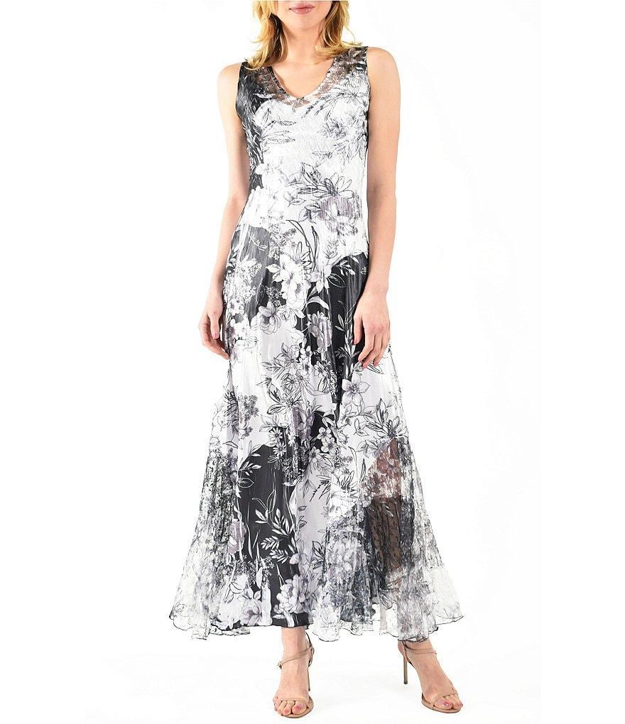 Komarov Charmeuse Lace Floral Print Scoop Neck Sleeveless Lace Up Back Maxi Dress Product Image