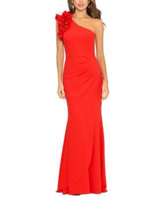 Xscape Ruffle One-Shoulder Scuba Gown Product Image