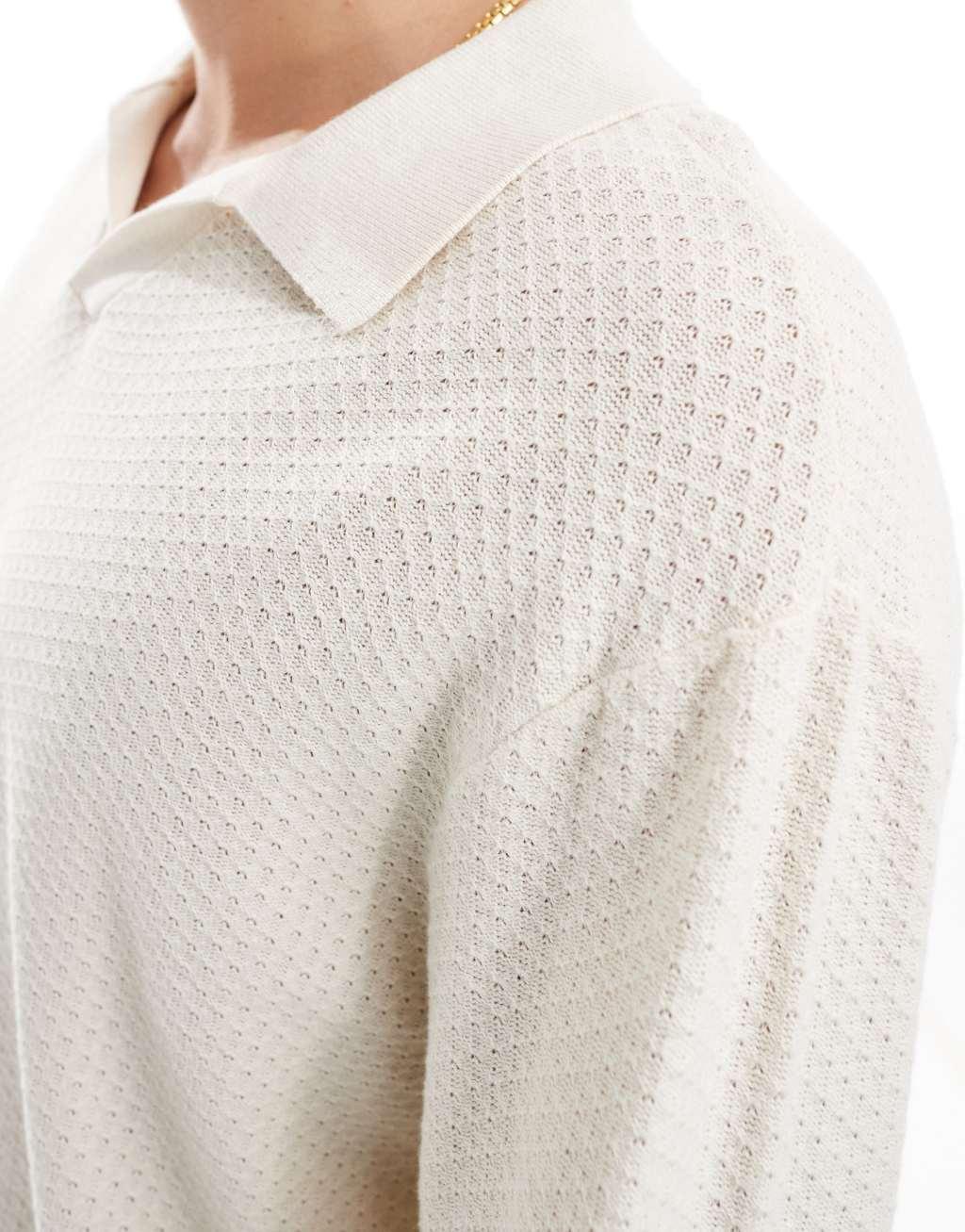 Cotton On knit long sleeve polo top in cream Product Image