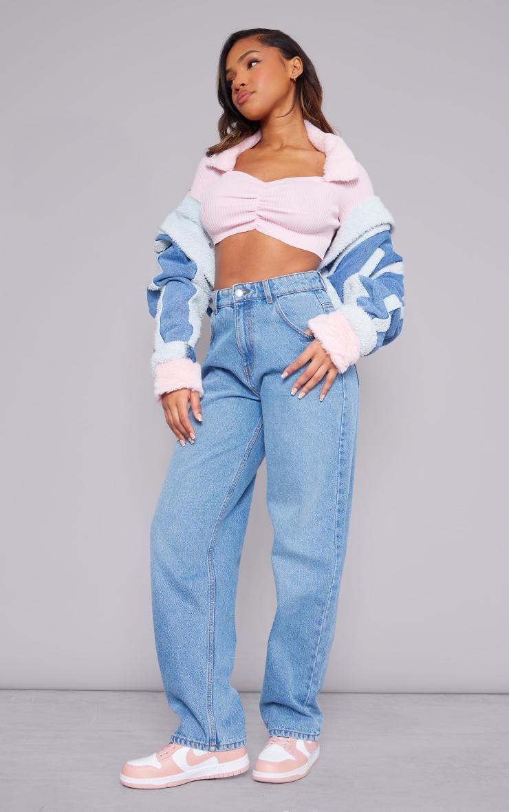 Pink Rib Knit Faux Fur Trim Ruched Front Crop Top Product Image