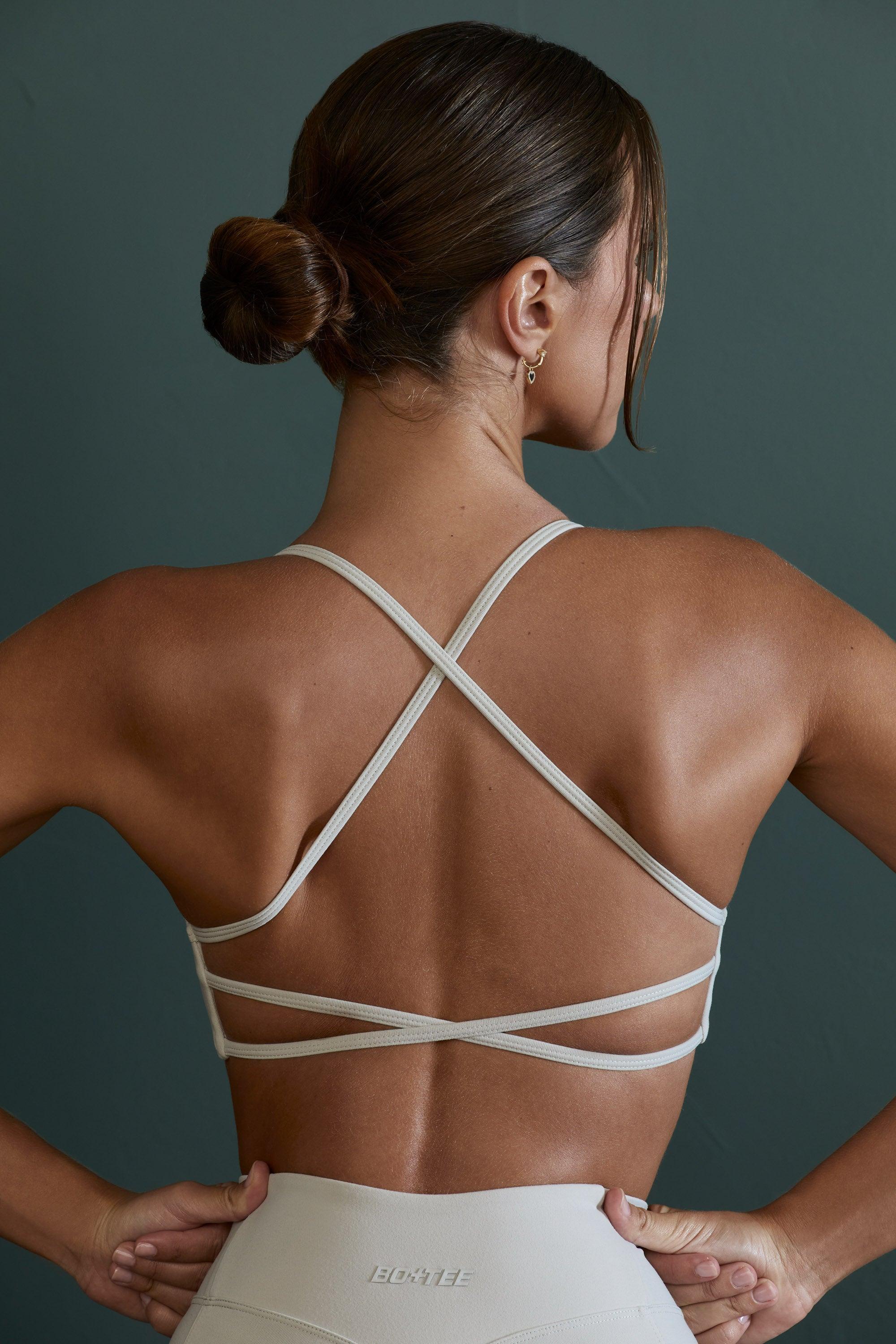 Scoop Neck Open Back Sports Bra in Grey Product Image