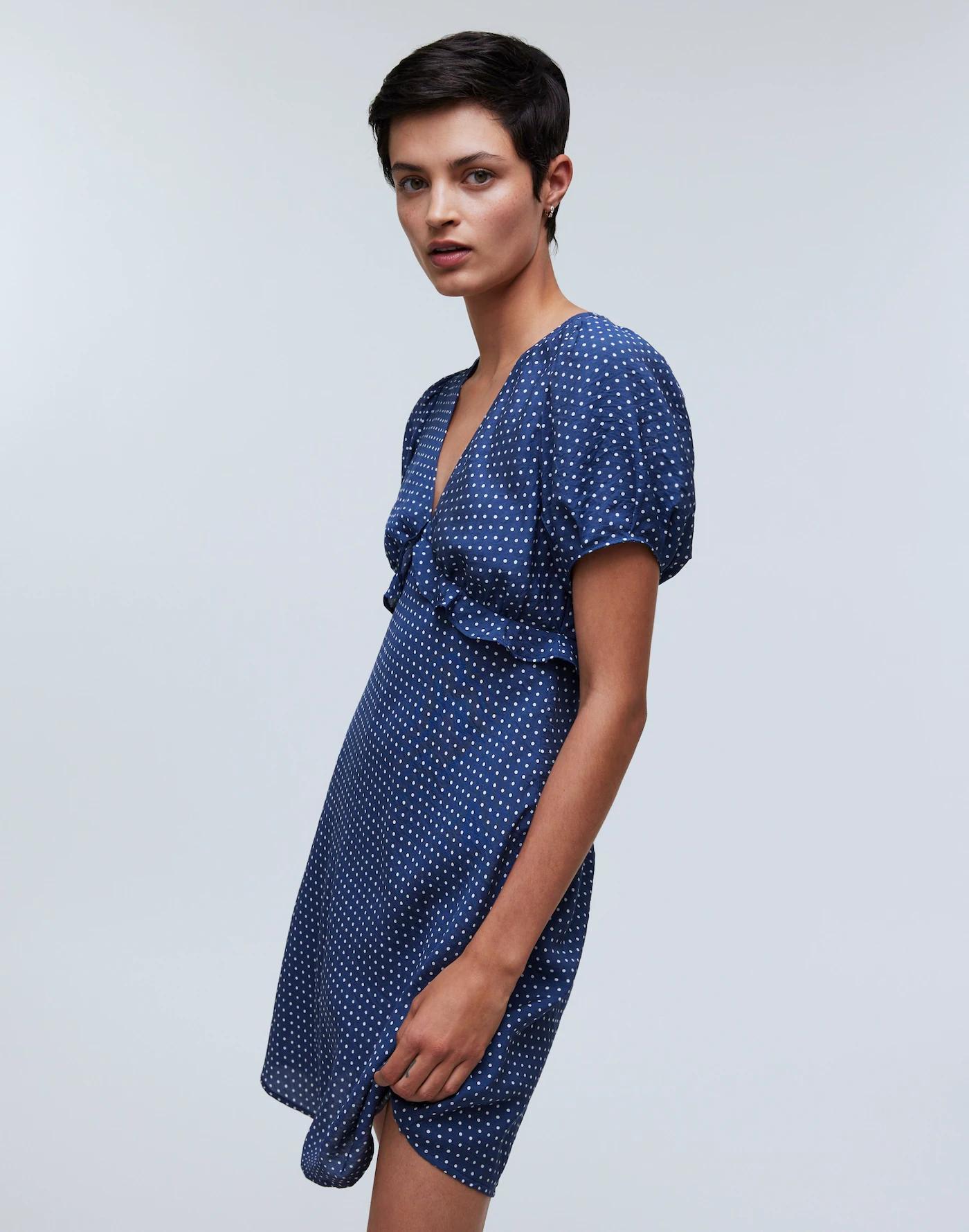 Puff-Sleeve Ruffle Mini Dress in Polka Dot Product Image