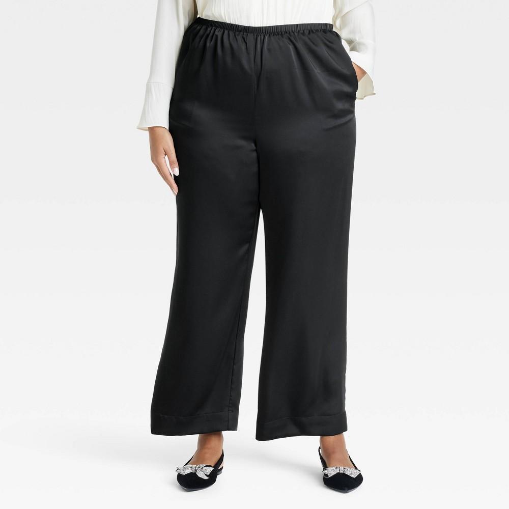 Womens Mid-Rise Straight Leg Satin Pull-On Pants - A New Day Black XXL Long Product Image