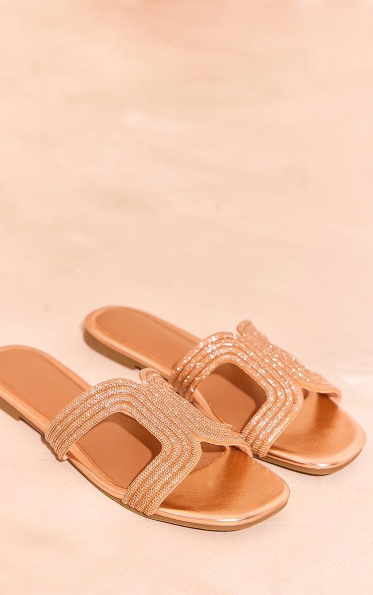 Rose Gold PU Round Toe Diamante Cross Strap Flat Sandals Product Image