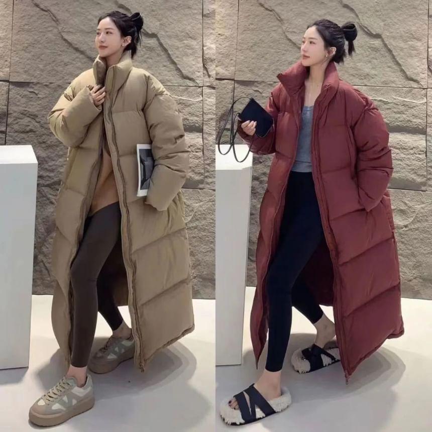 Stand Collar Plain Zip Long Puffer Coat Product Image