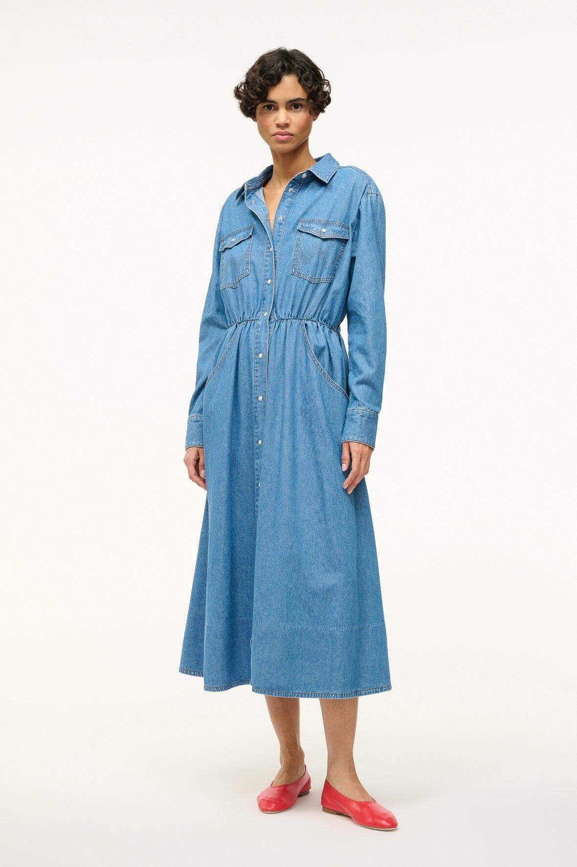 STAUD + WRANGLER THE MIDI SHIRT DRESS | MID BLUE product image