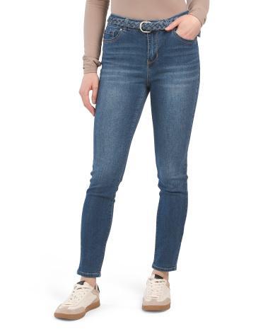 High Waist Denim Skinny Jeans With Braided Belt for Women Product Image