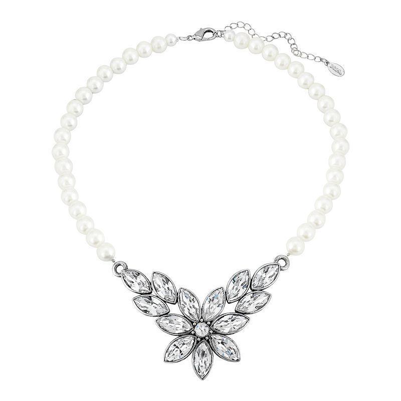 1928 Silver Tone Simulated Crystal Flower Frontal Necklace, Womens, White Product Image