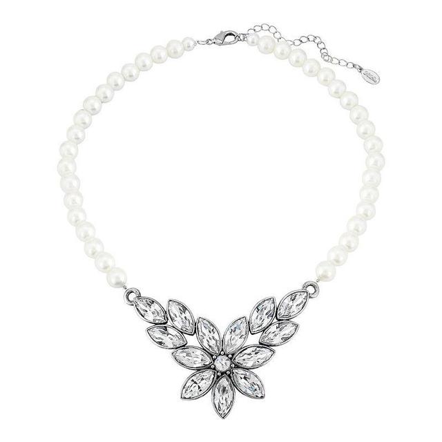 1928 Silver Tone Simulated Crystal Flower Frontal Necklace, Womens, White Product Image