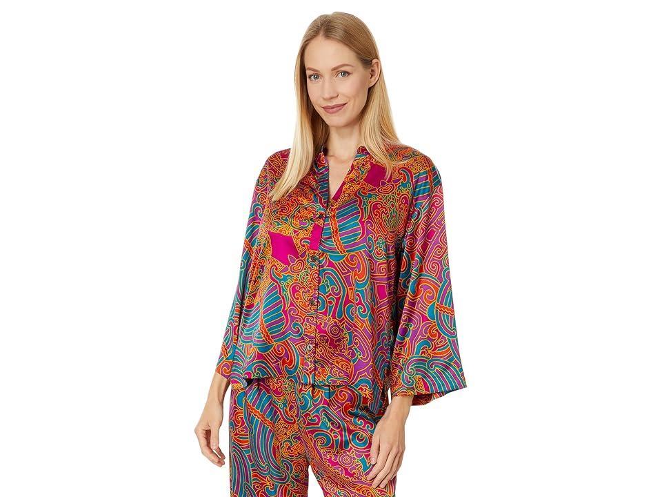 N by Natori Kaleidoscope Satin Mandarin Pajama Pant Set (Fuchsia) Women's Pajama Sets Product Image