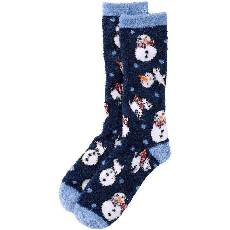 Womens Lands End Fuzzy Slipper Crew Socks, Blue Snowman Product Image