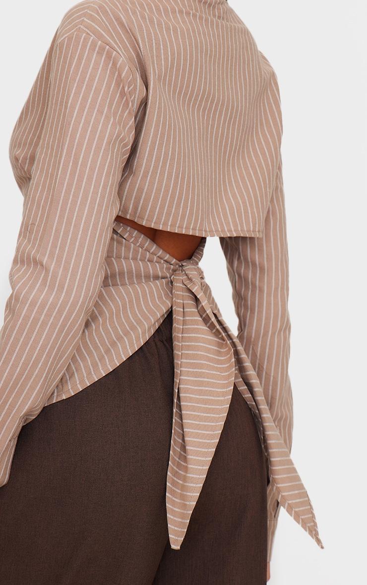 Taupe Striped Fitted Open Tie Back Shirt Product Image