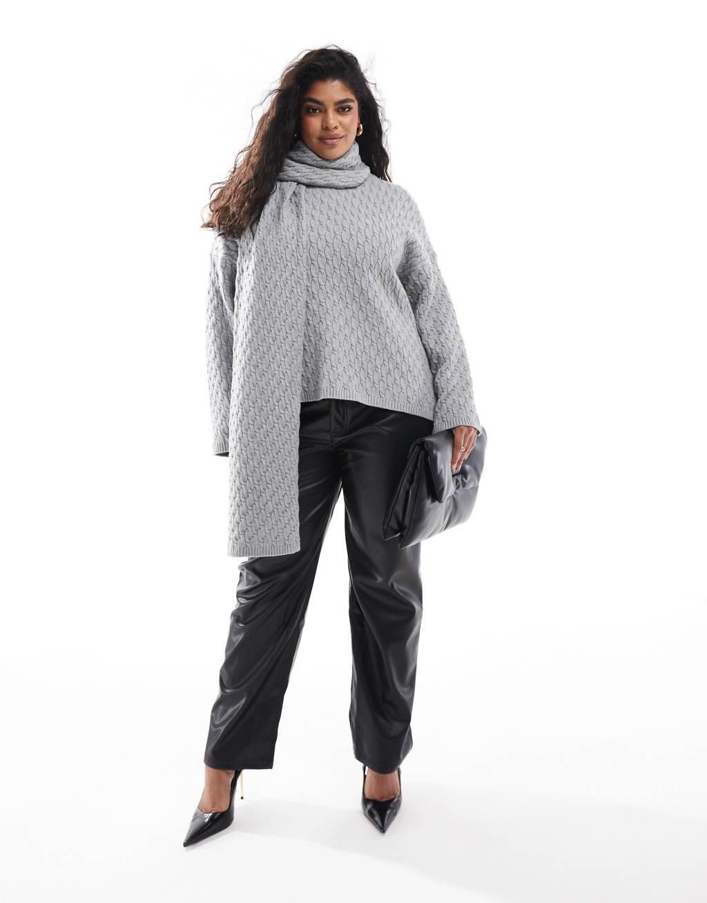 4th & Reckless Plus cable knit sweater with scarf in gray Product Image