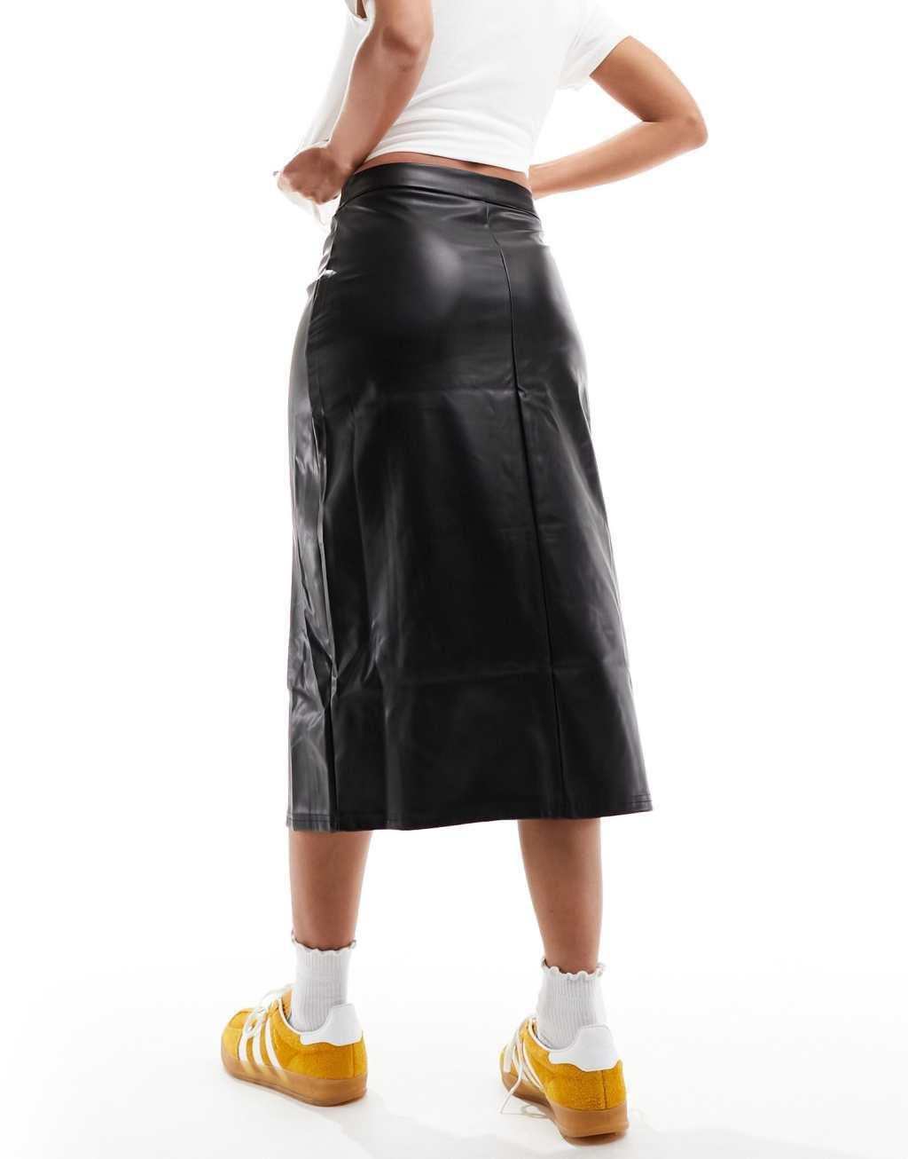 Pieces faux leather high waisted midi skirt in black Product Image