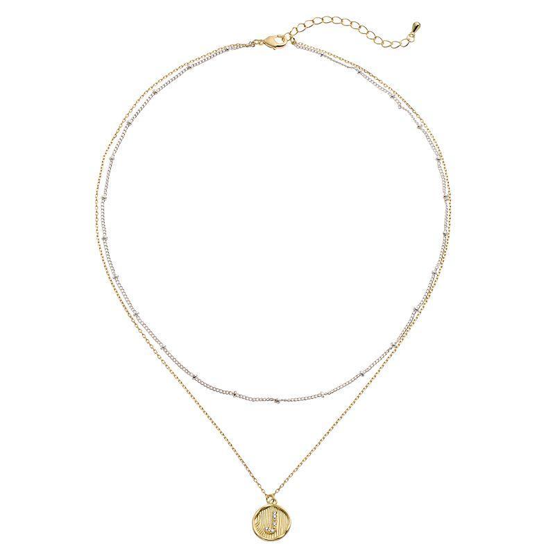 City Luxe Two Tone Layered Initial Disc Necklace with Cubic Zirconia, Womens Two Tone A Product Image