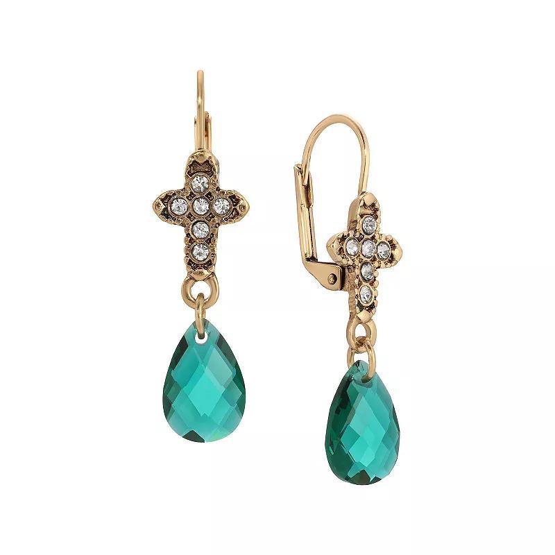 Symbols of Faith Gold Tone Crystal Cross Drop Earrings, Womens, Green Product Image