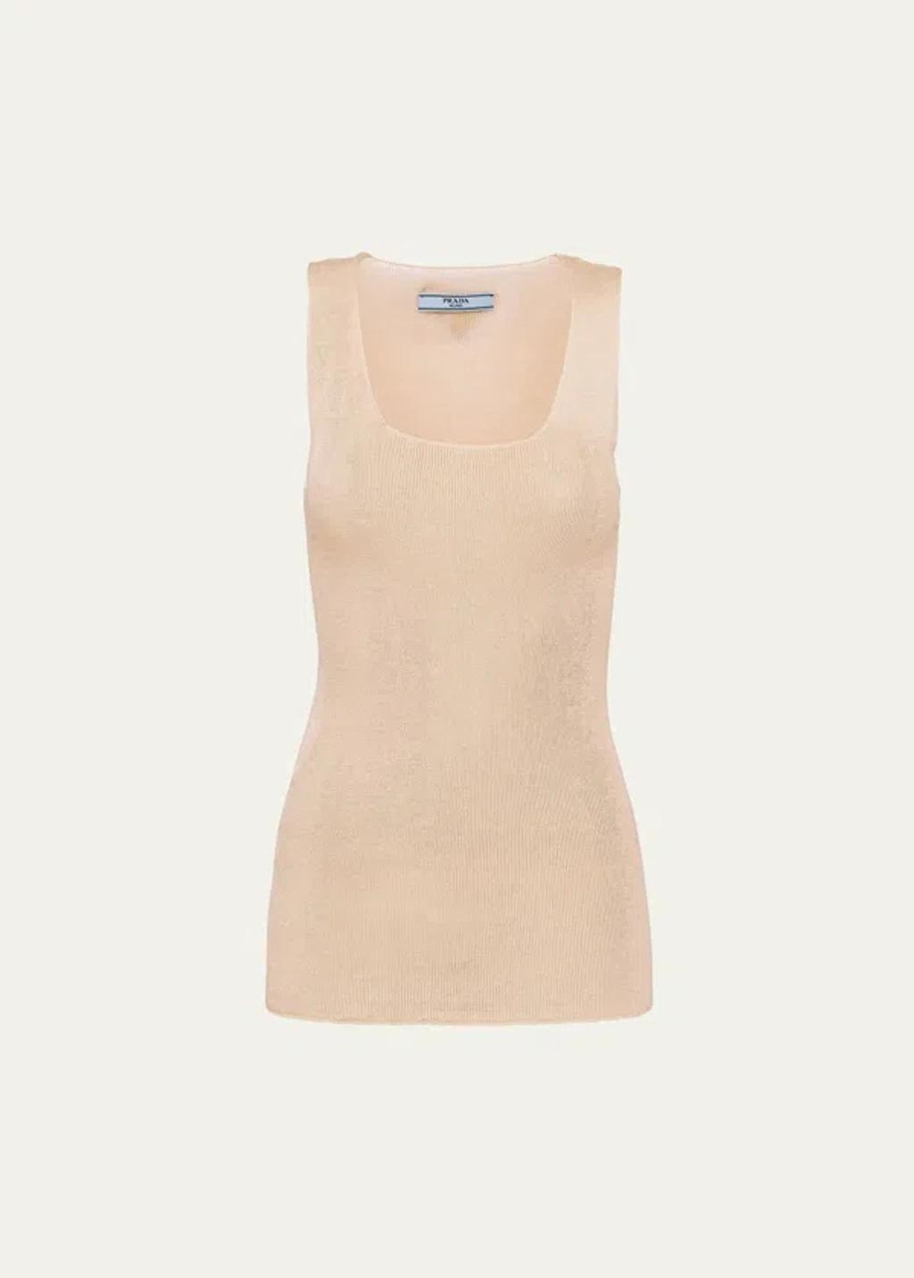 Cotton Ribbed Tank Top In Beige Khaki Product Image