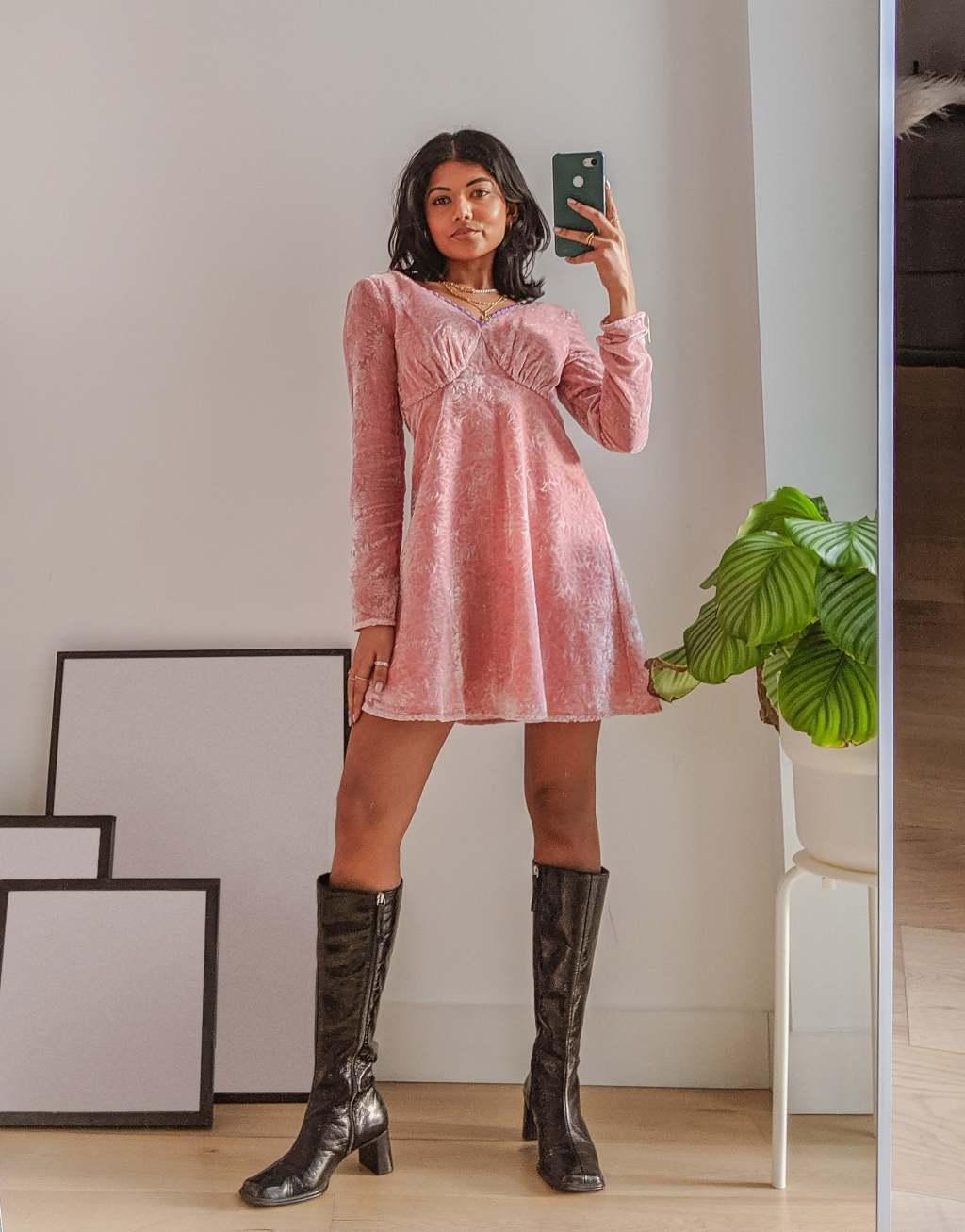 Labelrail x Pose and Repeat long sleeve mini tea dress in pink burnout velvet Product Image