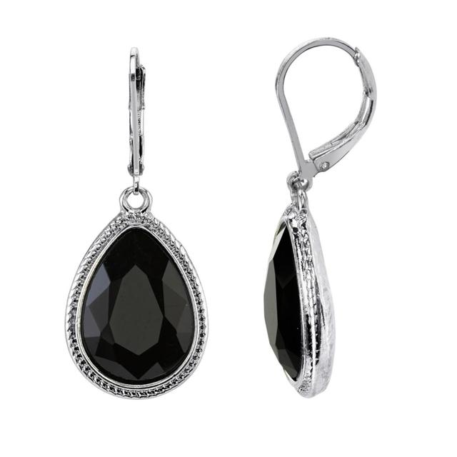 1928 Faceted Stone Teardrop Earrings, Womens, Silver Tone Black Product Image