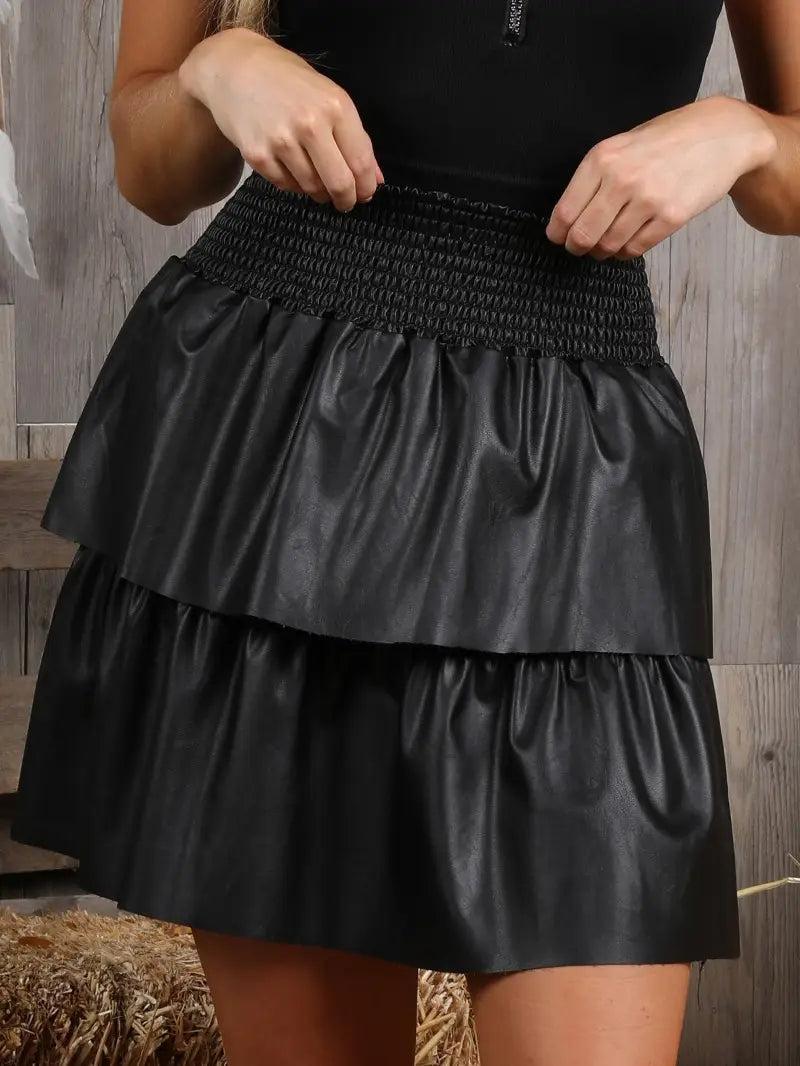 Faux Leather Layered Smocking Waist Skirt Female Product Image