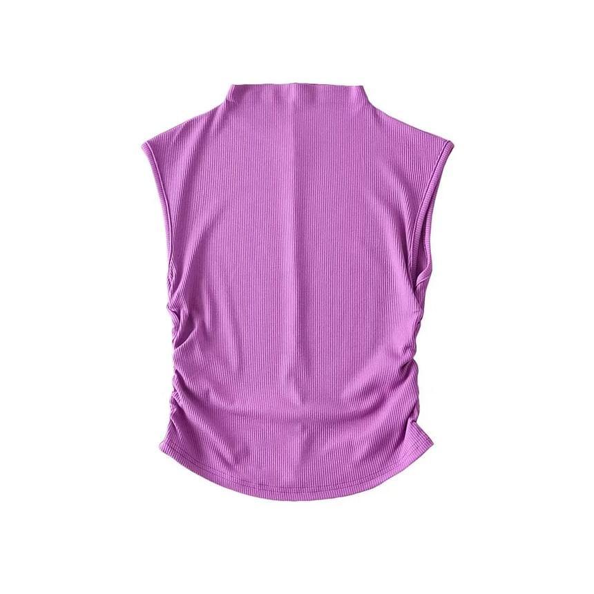 Sleeveless Mock-Neck Ruched Plain Crop Top Product Image