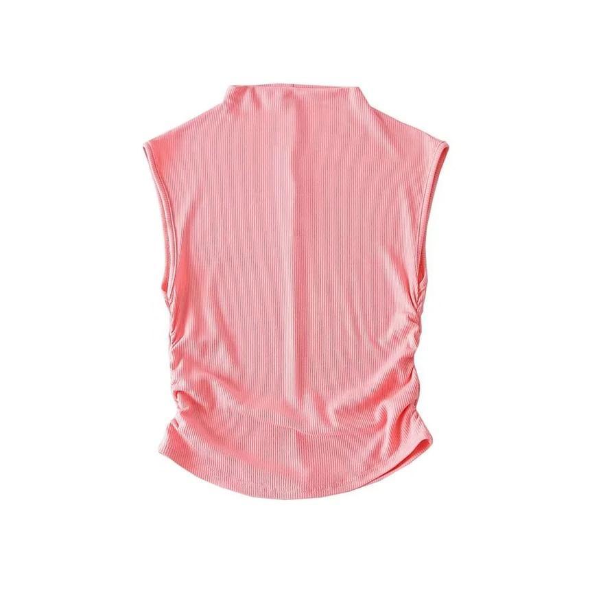 Sleeveless Mock-Neck Ruched Plain Crop Top Product Image