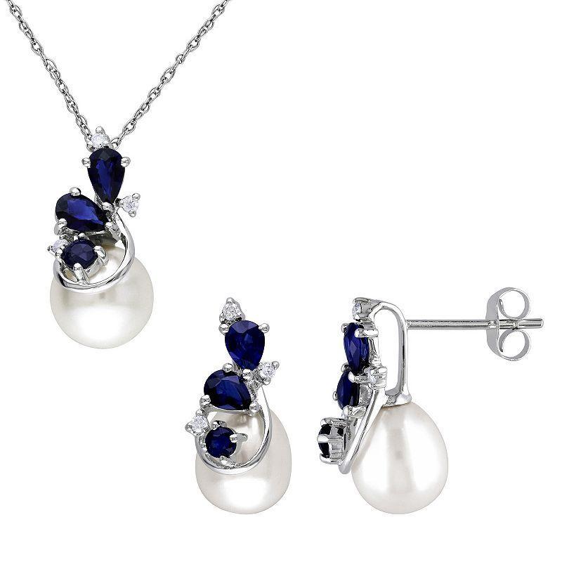 Stella Grace 10k White Gold Freshwater Cultured Pearl, Sapphire & 1/10 Carat T.W. Diamond Pendant & Earring Set, Womens Product Image