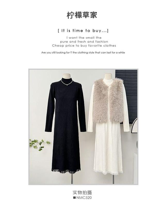 Fringed-Hem High-Neck Knit Dress Product Image