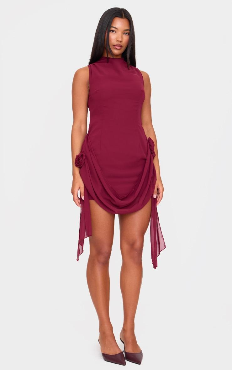 Burgundy Chiffon Boat Neck Drape Detail Mini Dress Product Image