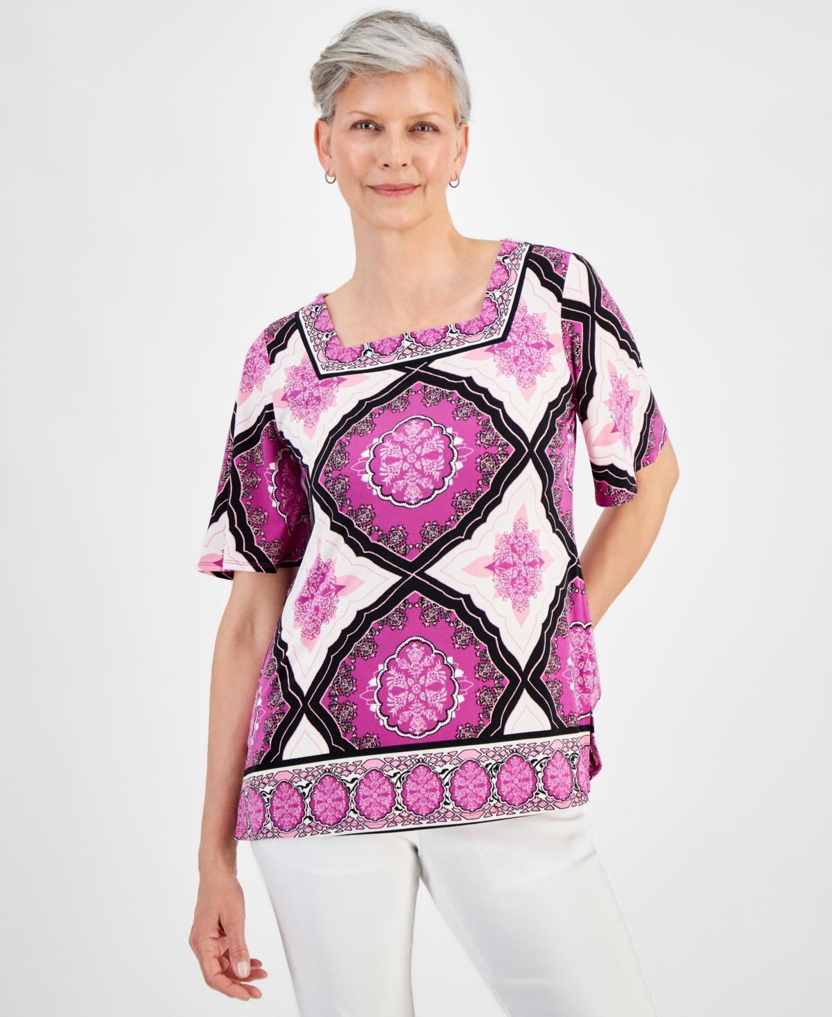 Jm Collection Womens Printed Square Neck Short Sleeve Top, Created for Macys Product Image