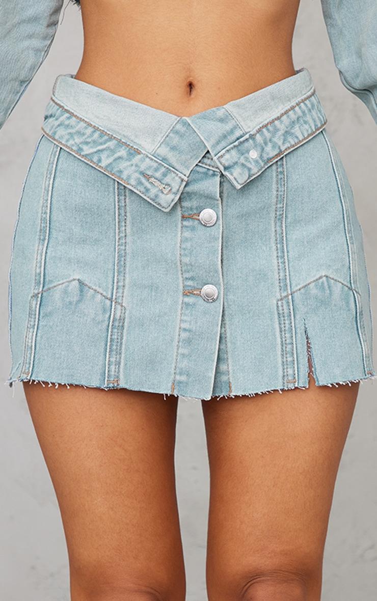 Petite Light Blue Wash Distressed Button Front Denim Micro Mini Skirt Product Image