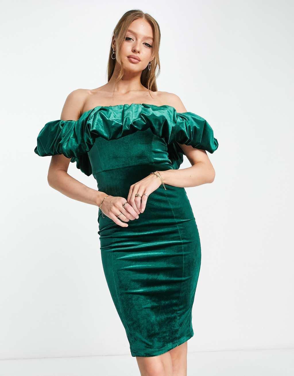 Saint Genies velvet frill off the shoulder midi dress in emerald green Product Image