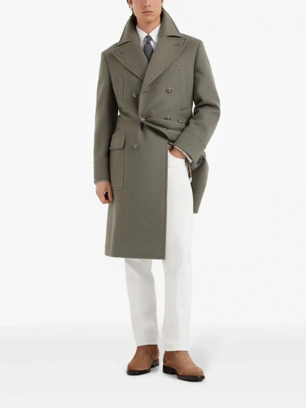 BRUNELLO CUCINELLI Beaver Cloth Wool Pea Coat In Military Product Image