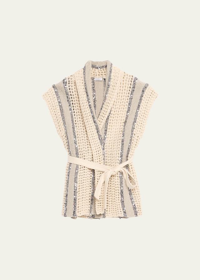 Womens Dazzling Stripe Net Knit Cardigan In Jute, Linen, Cotton And Silk With Belt Product Image