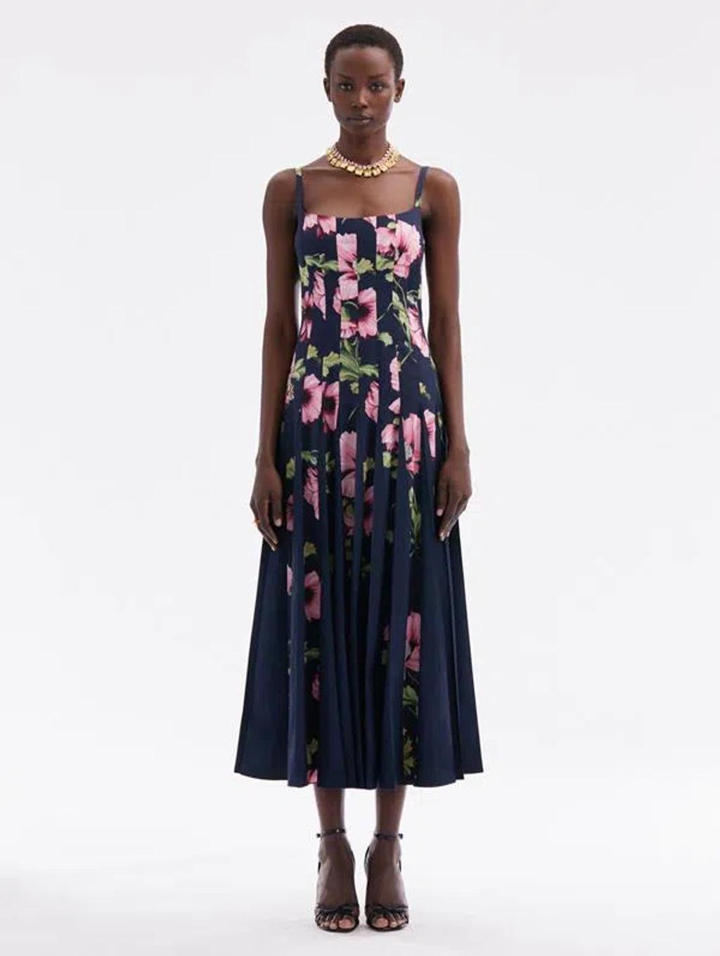 OSCAR DE LA RENTA Poppy Cotton Poplin Inset Dress In Navy Pink Product Image