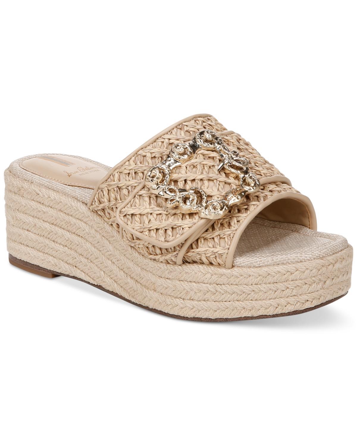 Sam Edelman Celia Raffia Embellished Buckle Detail Platform Wedge Espadrille Slide Sandals Product Image