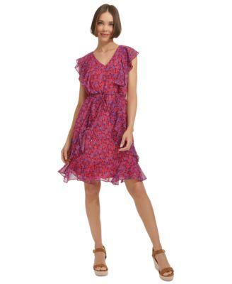 Petite Ruffled Chiffon Fit & Flare Dress Product Image