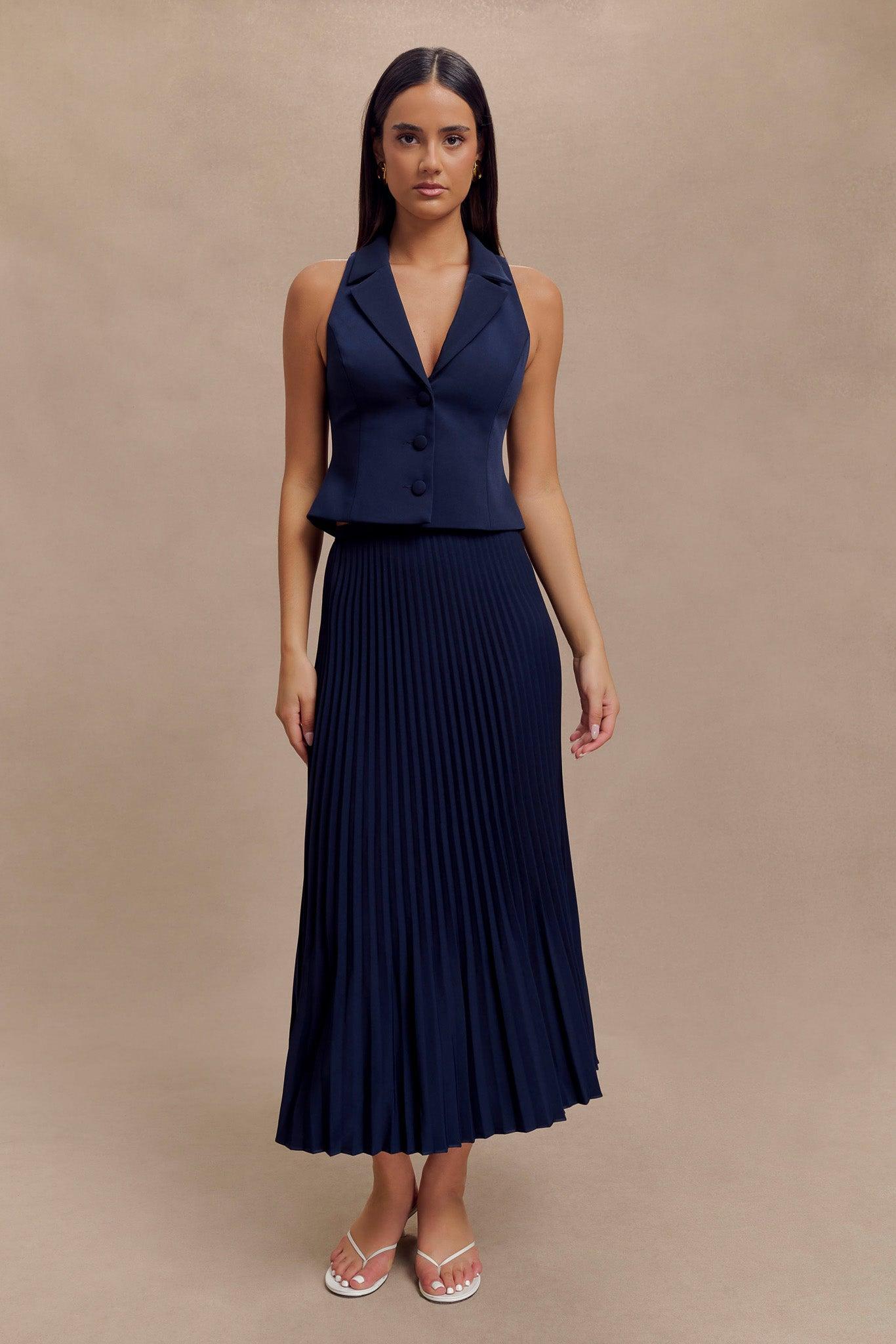 Twyla Pleated Suiting Maxi Skirt - Navy Product Image