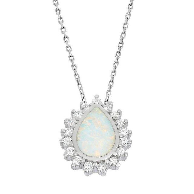 Lab-Created Opal & Cubic Zirconia Sterling Silver Teardrop Halo Pendant Necklace, Womens White Product Image