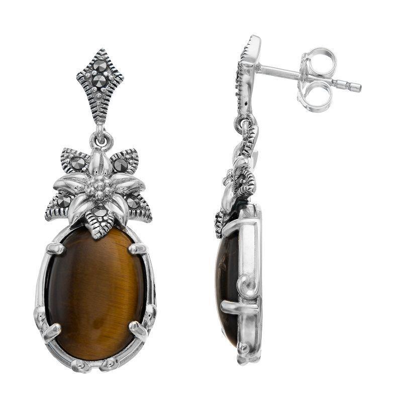 Lavish by TJM Sterling Silver Tigers Eye & Marcasite Drop Earrings, Womens Product Image