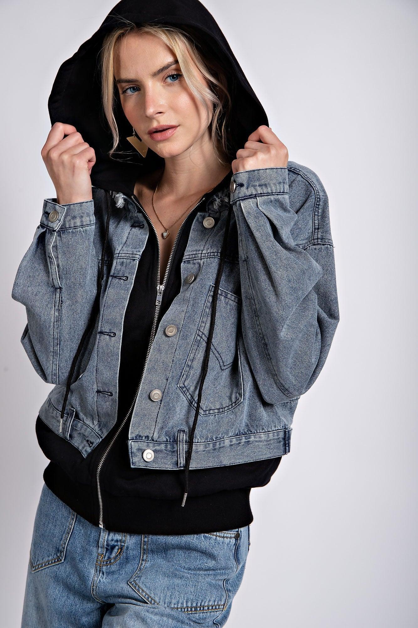 Washed Denim Hoodie Jacket Product Image